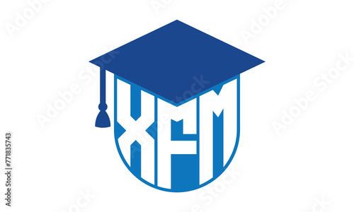XFM initial letter academic logo design vector template. school college logo, university logo, graduation cap logo, institute logo, educational logo, library logo, teaching logo, book shop, varsity