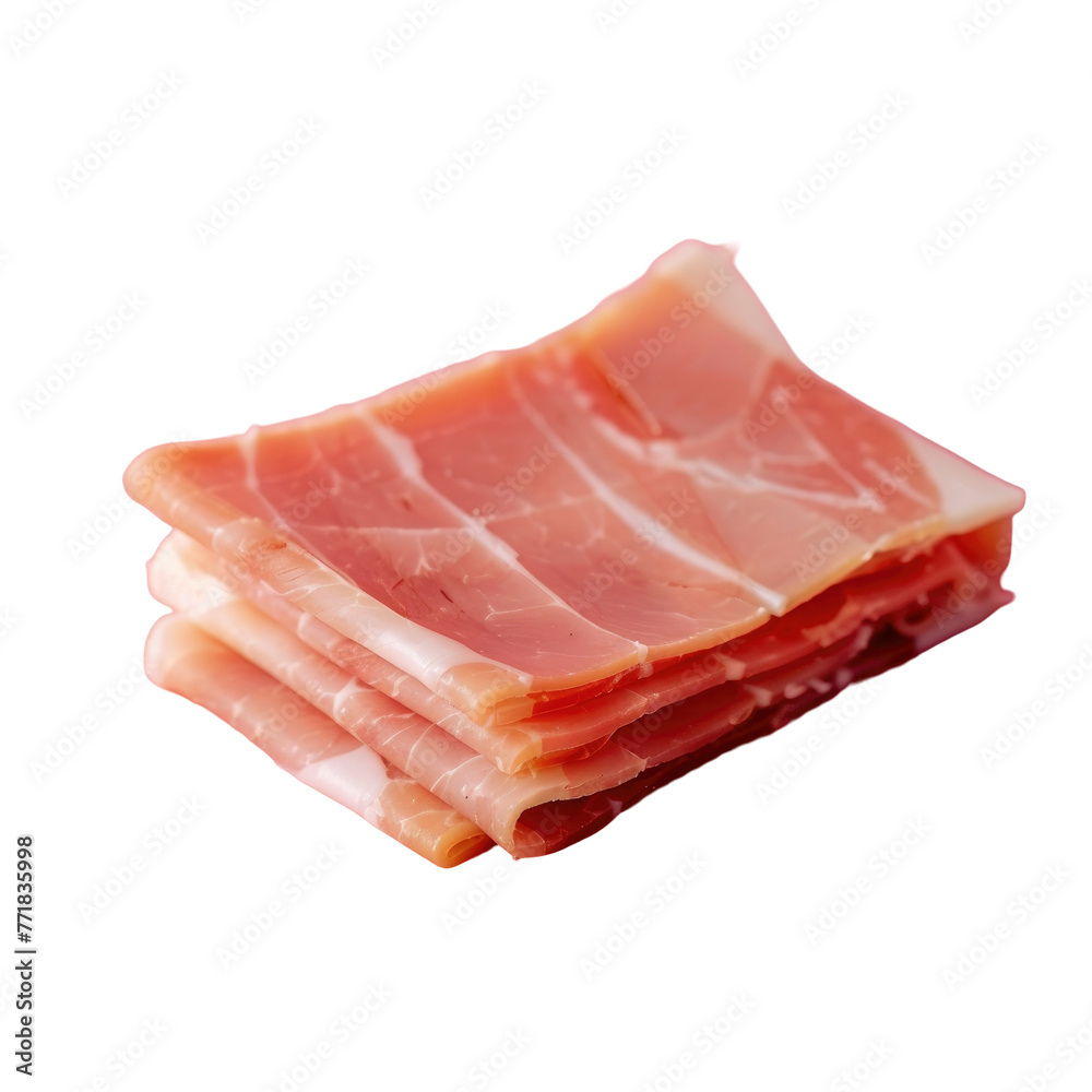 Three slices of bacon stacked on transparent background, ingredient meat, animal fat Three slices of bacon stacked on transparent background, ingredient meat, animal fat