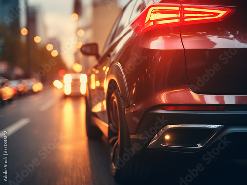 Blurred tail lights of vehicles illuminate the scene at dawn or dusk.