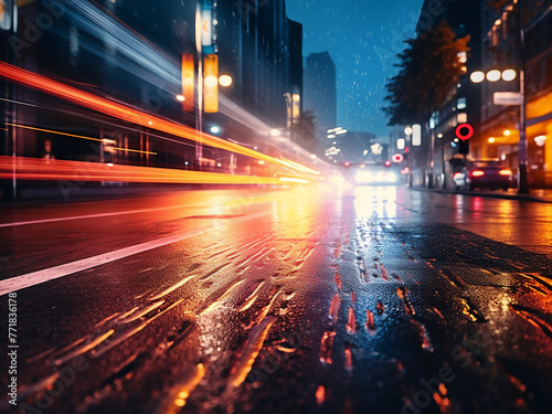 Blurry street lights create an atmospheric nighttime scene.