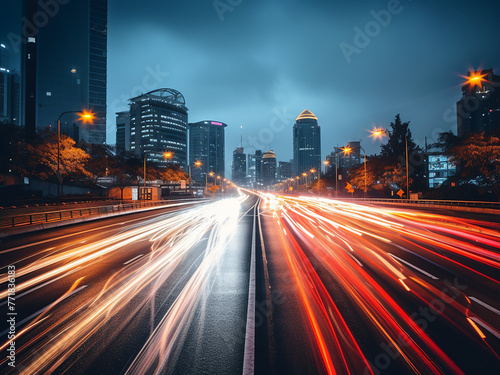 Night lights blur as car traffic speeds past, creating dynamic motion.
