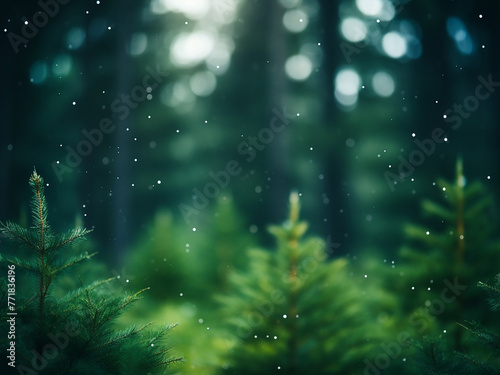 Pine forest bokeh creates a blurred nature backdrop for your design.