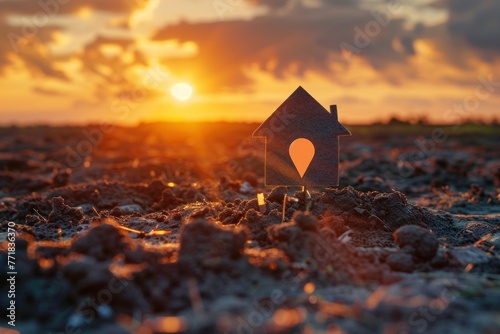 House symbol with location pin and Empty dry cracked swamp reclamation soil, land plot for housing construction project with and beautiful sunset sky with fresh air Land for sales landscape concept photo