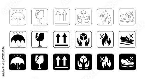 Handling and packing icon set in outline and glyph style. Pixel perfect. Used on the box or packaging. Vector illustration.