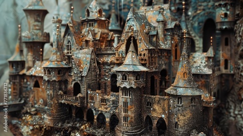 A homemade cardboard castle, intricately decorated with paint and craft materials.