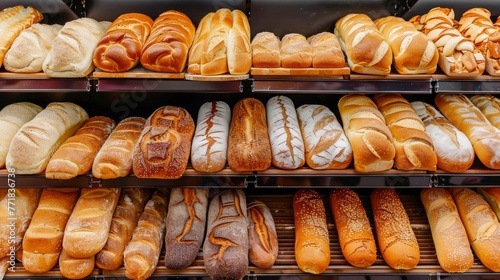 Breads on supermarket shelves, Different bread, baguettes, bagels, White bread, rye bread, spelt bread, wholemeal bread, multigrain bread on display on grocery store, 16:9 photo