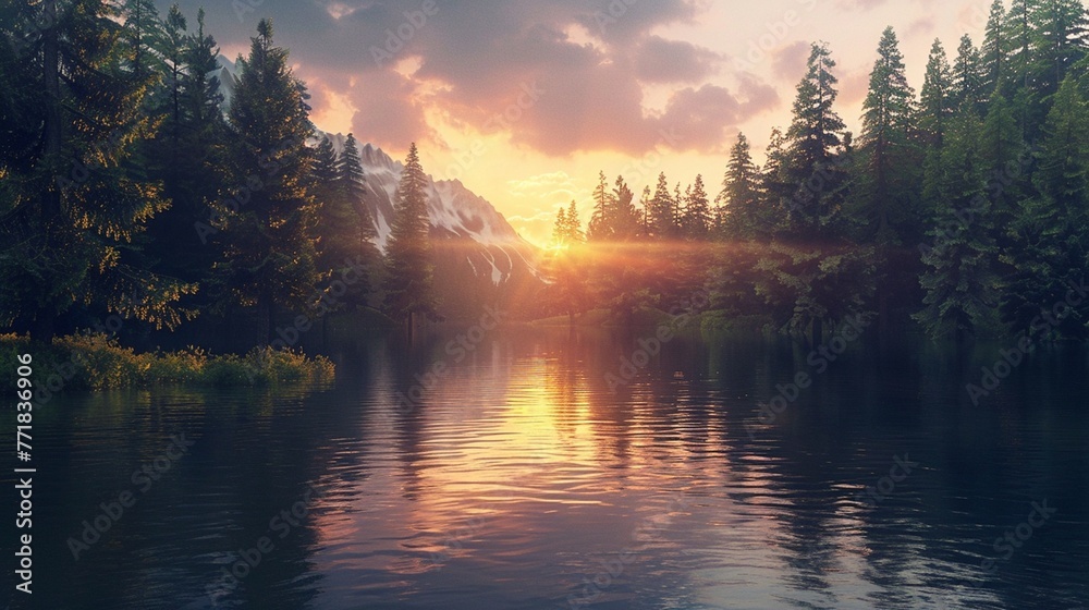 A peaceful sunset casting warm hues over a tranquil lake nestled amidst towering pine trees. - obrazy, fototapety, plakaty 
