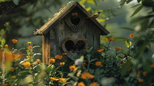 A charming birdhouse with heart-shaped entrance holes surrounded by flowers.