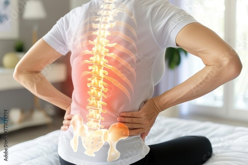 Woman in white shirt experiencing severe back pain with highlighted spine in red, suffering from discomfort and seeking relief with medical treatment photo