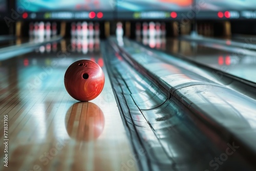Close up of a bowling ball hitting the pins for a strike.