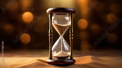 Vintage Hourglass on the Sand with Warm Bokeh Background Illustrating the Concept of Time Passing and History Unfolding