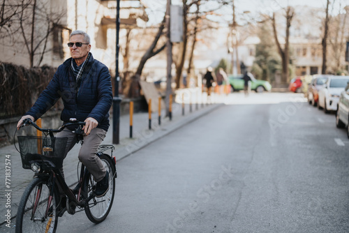 Active elderly male cyclist riding a bike in an urban environment, showcasing a healthy lifestyle and city commuting.