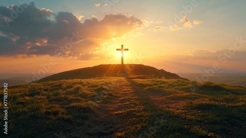 A cross atop a mountain, casting a long shadow in the early Easter morning light, a symbol of sacrifice