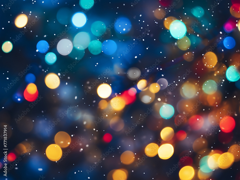 Texture of Christmas-colored lights forms bokeh background.