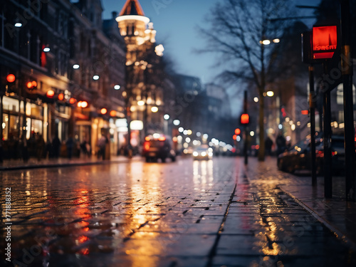 The city center's night street is portrayed with a blurred bokeh effect.