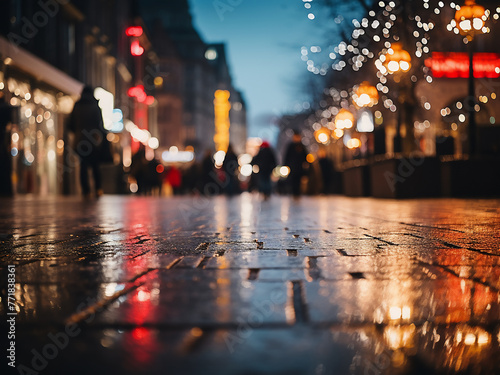 The city center's night street is portrayed with a soft, out-of-focus bokeh effect.