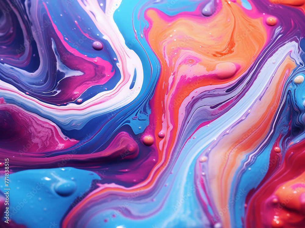 Close-up captures the intricate textures of colorful fluid pouring. Close-up captures the intricate textures of colorful fluid pouring.