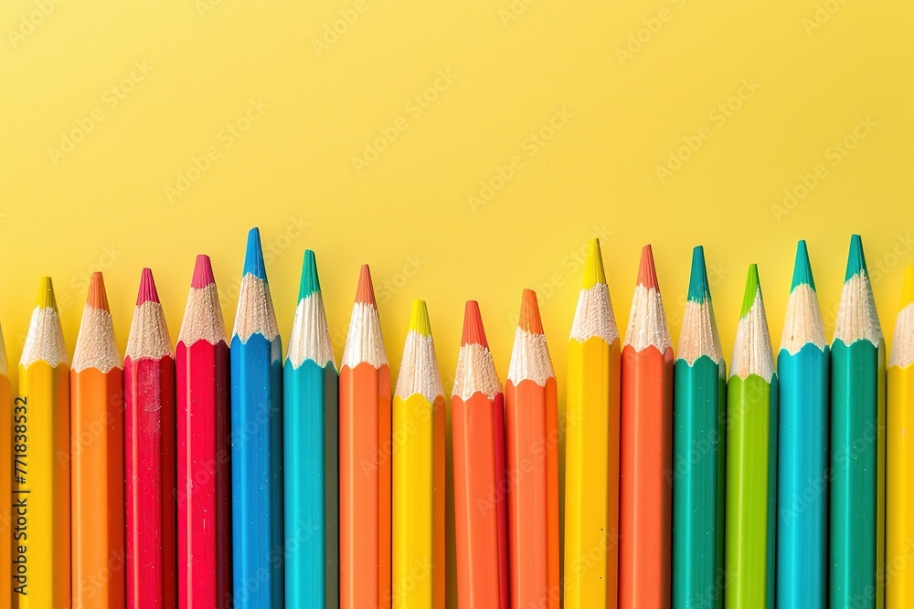 A perfectly arranged row of colorful pencils against a clean, pale yellow backdrop, real photo, stock photography A perfectly arranged row of colorful pencils against a clean, pale yellow backdrop, real photo, stock photography