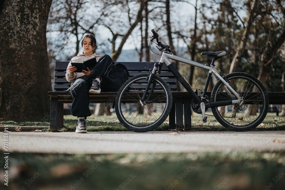 A serene outdoor setting captures a person engrossed in a book, seated on a park bench beside their bicycle.