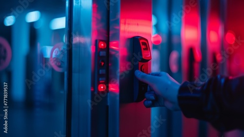In a precise close-up, the utilization of biometric authentication technology for access control is highlighted, illustrating the seamless integration of advanced security measures.