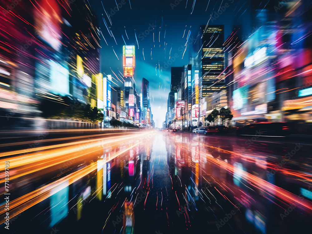 City lights create a vibrant blur in the background.