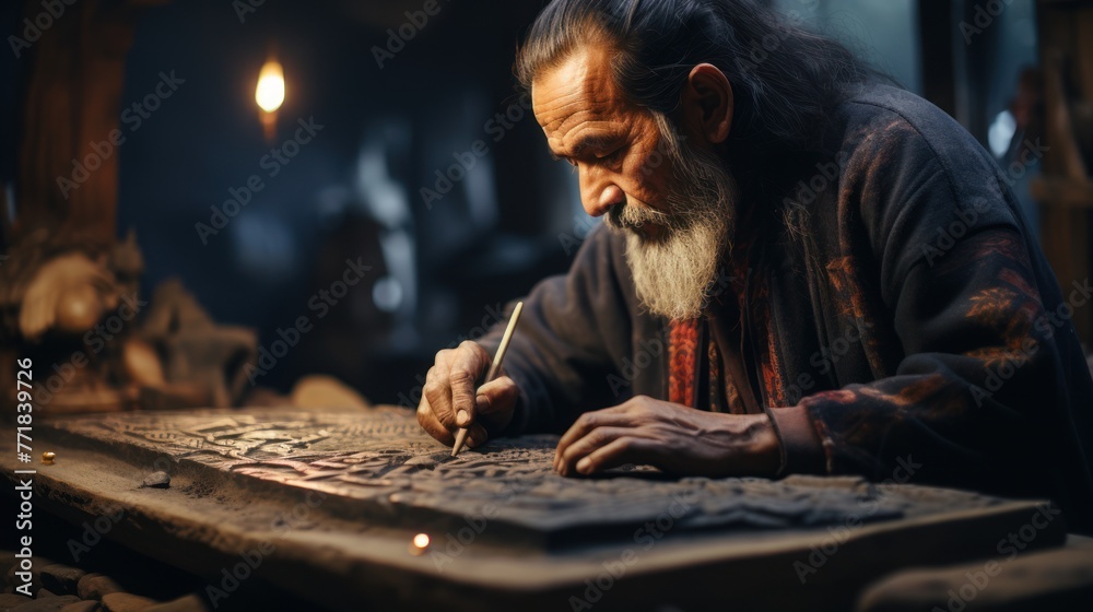 A carver in a workshop, carving words and patterns onto a stone slab, expressing the depth of his art and experience.