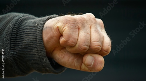 Dramatic extreme close-up of a martial artist's clenched fist, illustrating determination and focus in individual sports of martial arts.