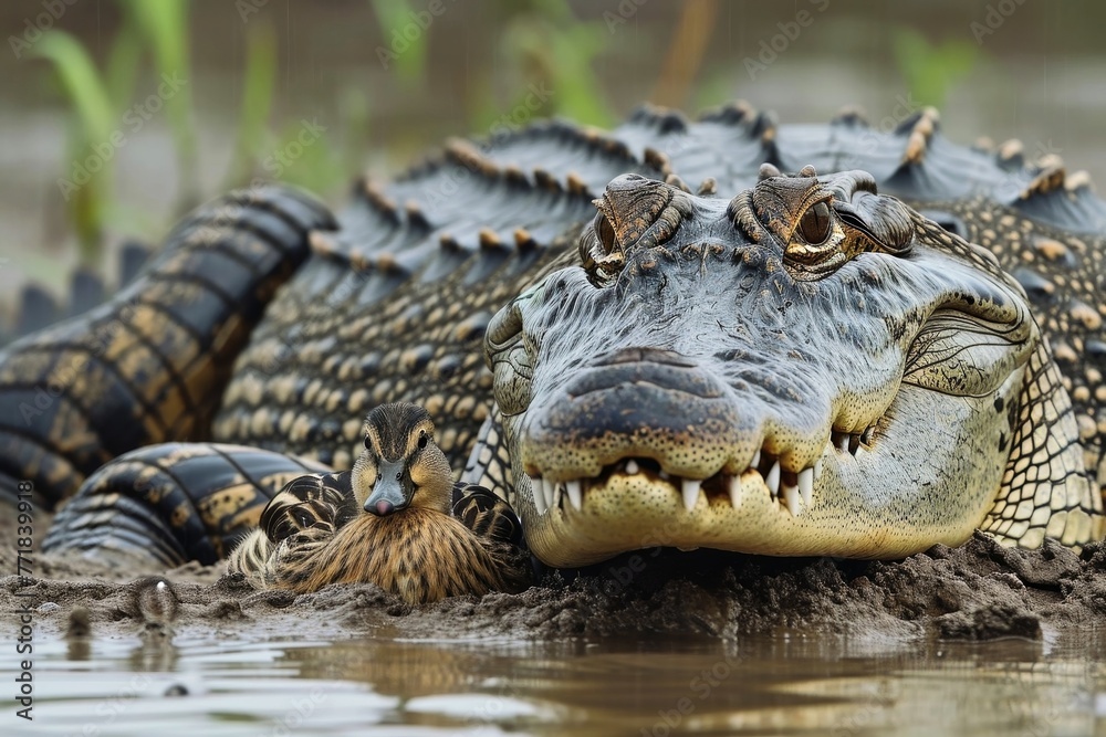 Fototapeta premium A crocodile is protecting a little duck.