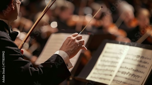 Intricate extreme close-up of conductor's hand directing orchestra members with sheet music in hand, guiding a harmonious symphony of sound during live performances.