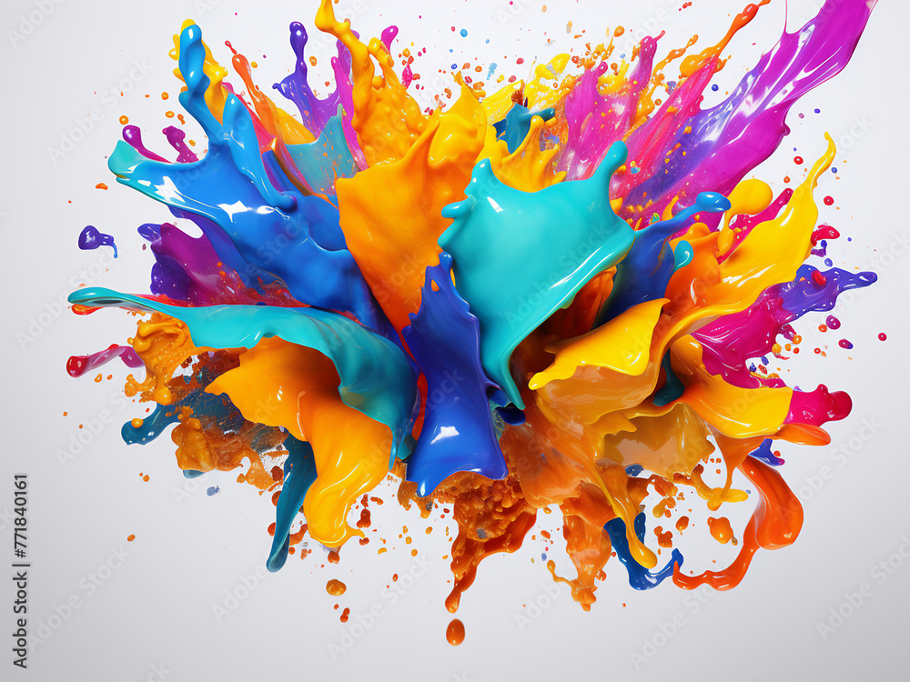Vibrant splashes of paint adorn the white background in 3D rendering.