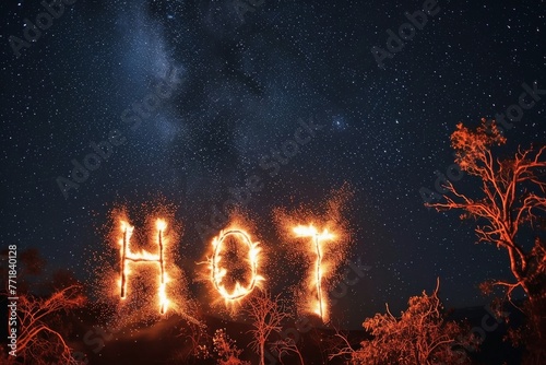 The Word Hot written with fire in the night sky. photo