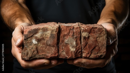 A man in a black shirt holds a brick in his hands. The brick is rectangular and made of red clay. It has a textured surface and appears to be cracked. photo