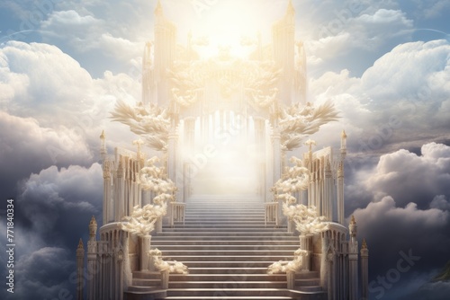 Glorious ornate pearly gates of heaven with stunning bright light shining from within, symbolizing hope, peace, and eternal beauty photo