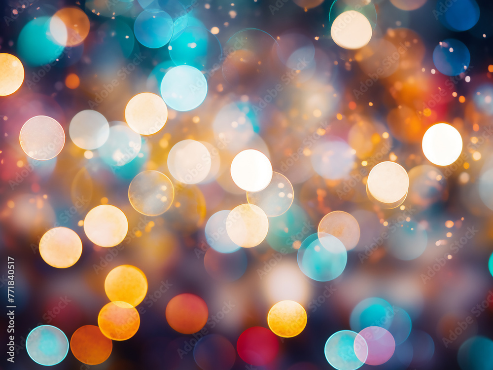 Abstract background features defocused multicolored bokeh lights.