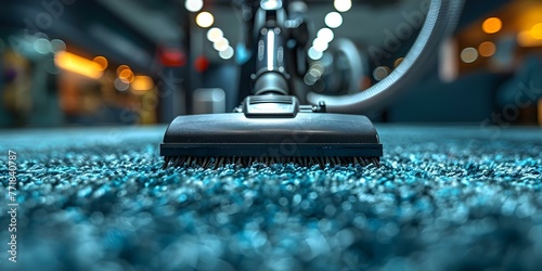 Closeup of blue carpet being vacuumed showcasing a clean home solution. Concept Cleaning, Home Maintenance, Blue Carpet, Closeup, Vacuuming