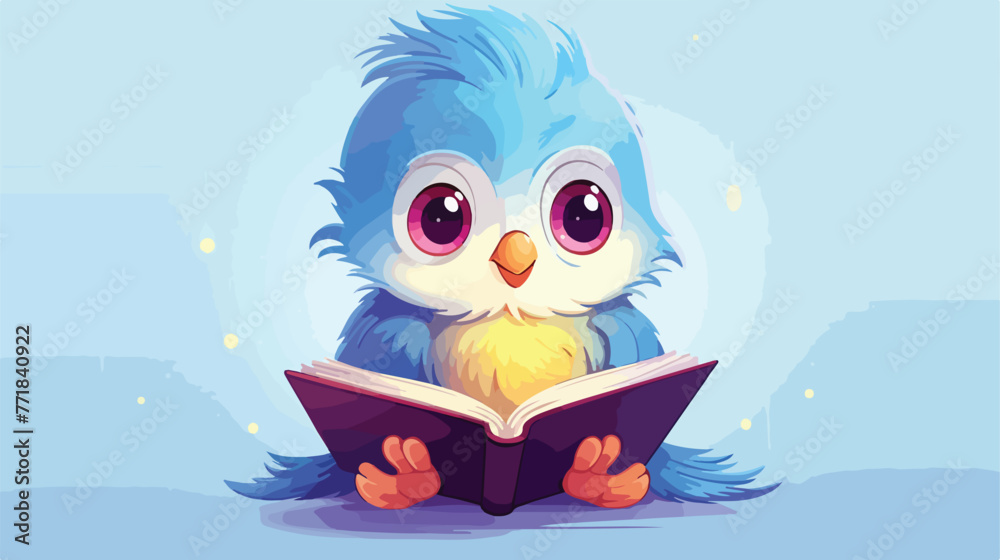 Cute cartoon chick bird sitting and reading a book