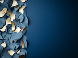 Blue paper background divided into sections, accented with metallic elements.