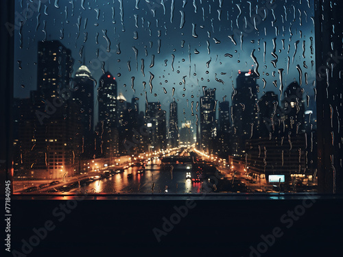 Raindrops on a windowpane blur the city lights behind them.