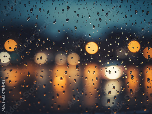 Nighttime scene: raindrops on window against streetlight backdrop.