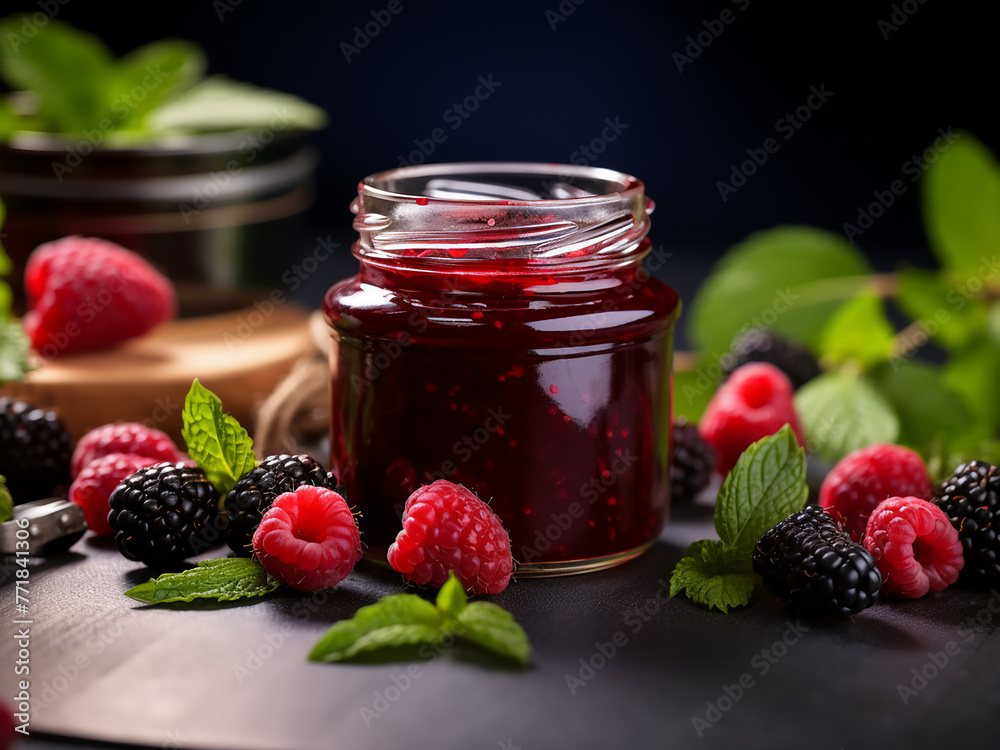 Detailed close-up showcasing fresh, sweet berry jam in a glass jar. Detailed close-up showcasing fresh, sweet berry jam in a glass jar.