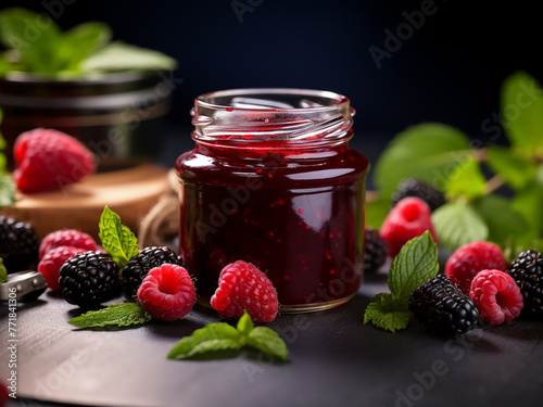 Detailed close-up showcasing fresh, sweet berry jam in a glass jar.
