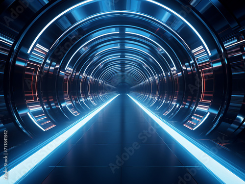 Sci-fi tunnel corridor rendered in 3D, depicting futuristic reflections and sci-fi aesthetics.