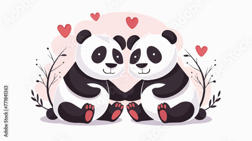 Cute couple pandas with hearts flat cartoon vactor