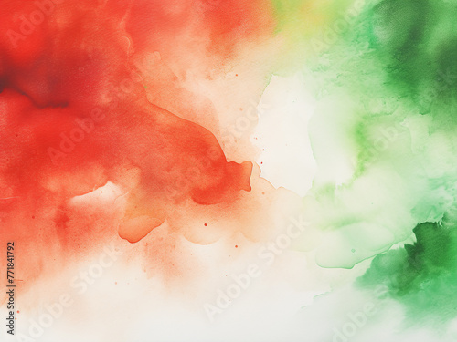 Watercolor background displays abstract art with red, green, and white tones.