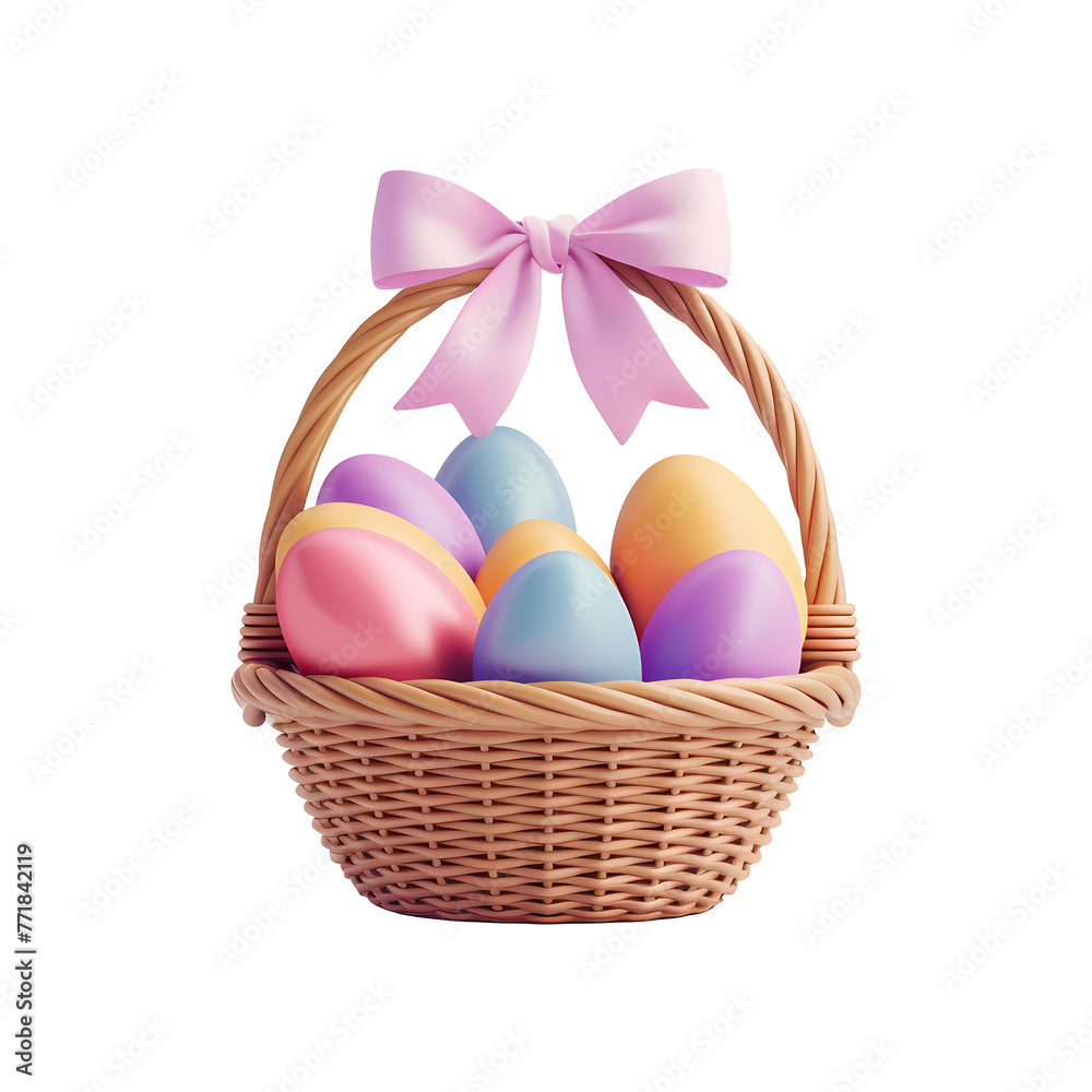 Colorful Easter eggs in woven basket isolated on transparent background. Easter hunt or sweet present concept. Festive spring concept. Festive spring element for greeting card, banner, poster
