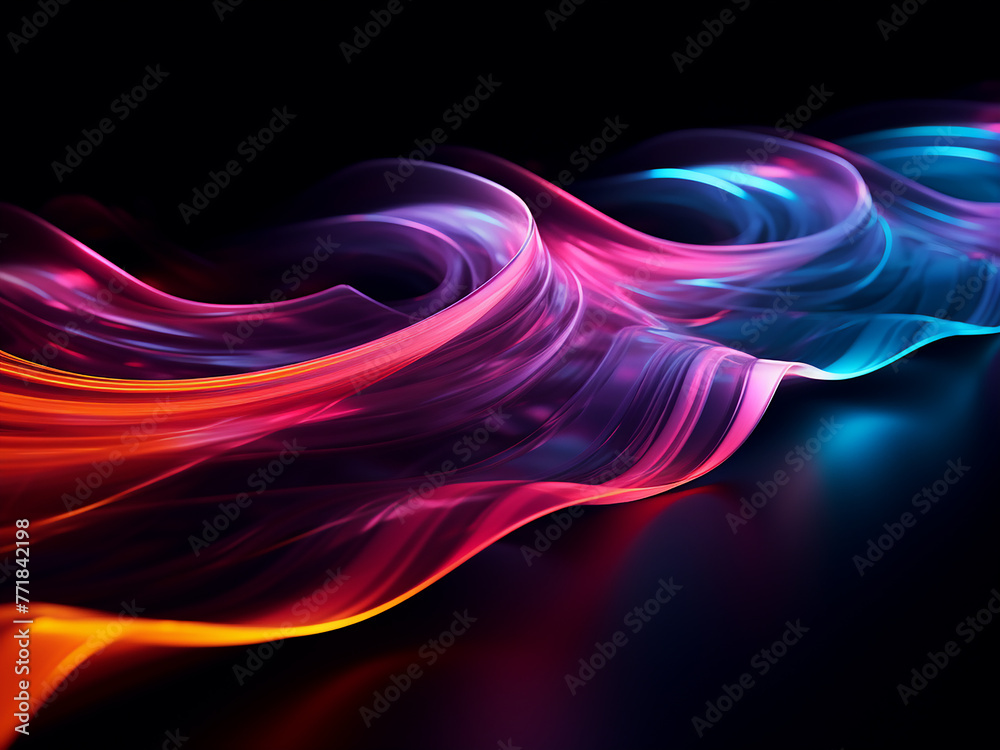 Bright neon lines form luminous streamers against black. Bright neon lines form luminous streamers against black.
