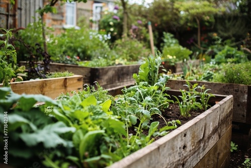 A raised bed in a garden growing vegetables.