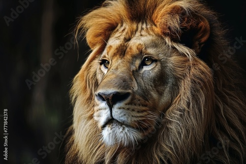 An impressive frontal lions portrait on a black background.