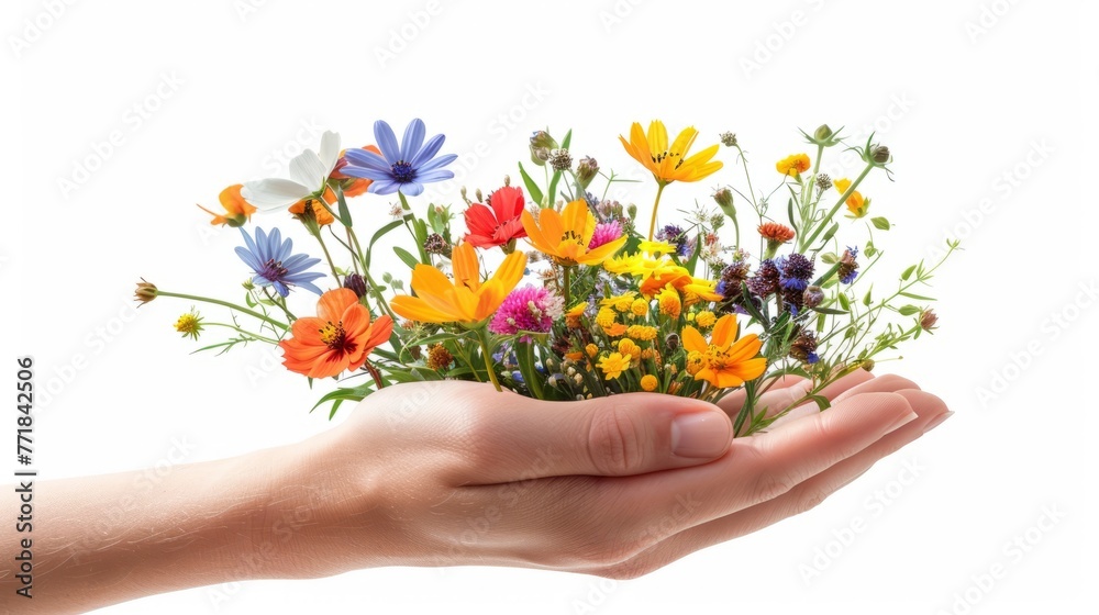Fototapeta premium Bright wildflowers in a woman's hand, crafting a message of love and nature, isolated on white