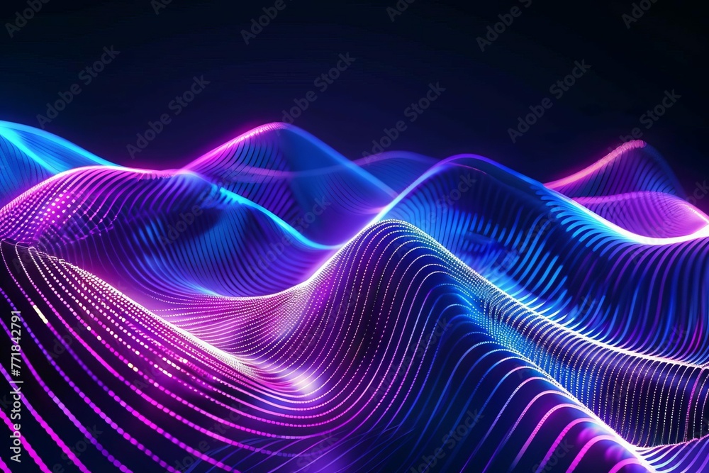 Futuristic neon wavy lines creating dynamic light effect, abstract digital art background